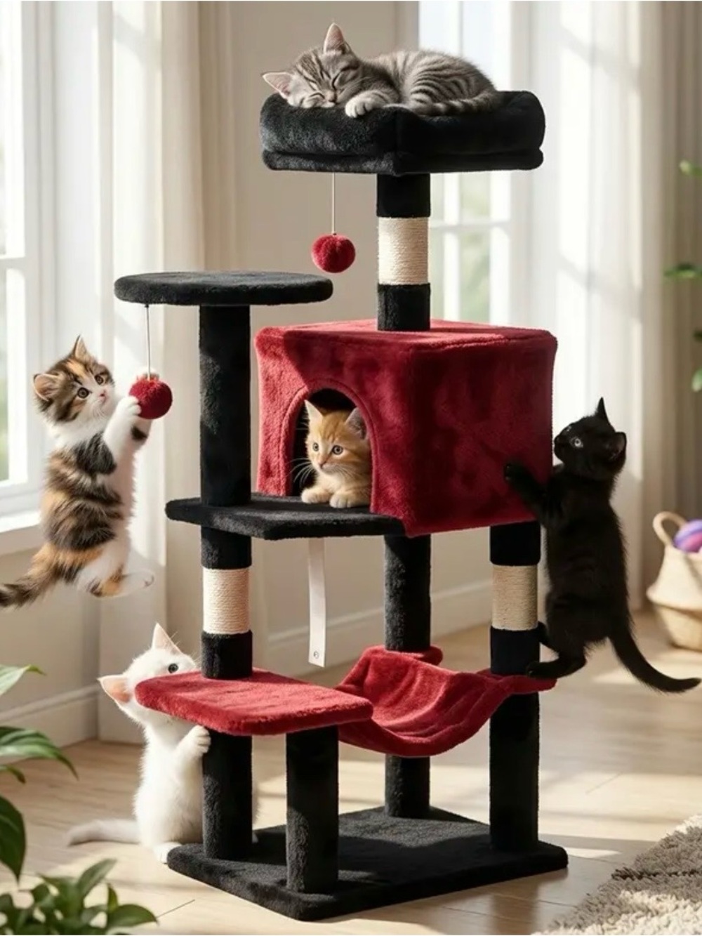 Brand New Plush Multi-Level Cat Tree with Red Hideaway and Black Perches